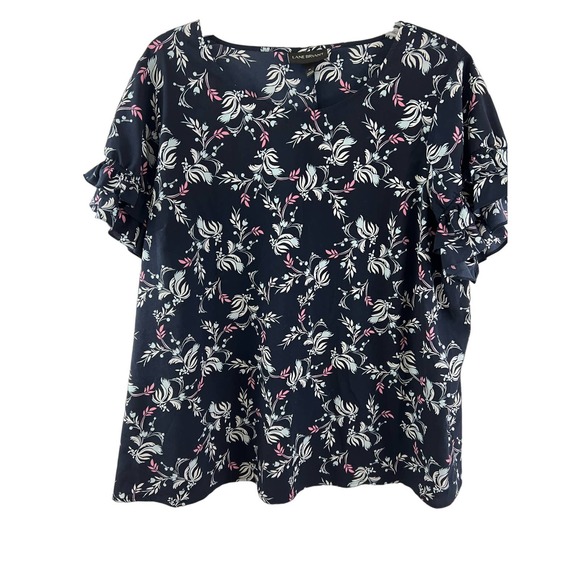 Lane Bryant Ruffle Black Pink Floral Blouse Shirt Top Short Sleeve Size 26 - Picture 1 of 5